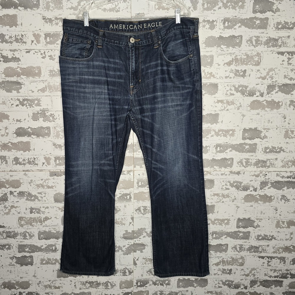 American Eagle Jeans Mens 38x30 Low Rise Boot Cut Dark Blue Whiskered Denim Wash